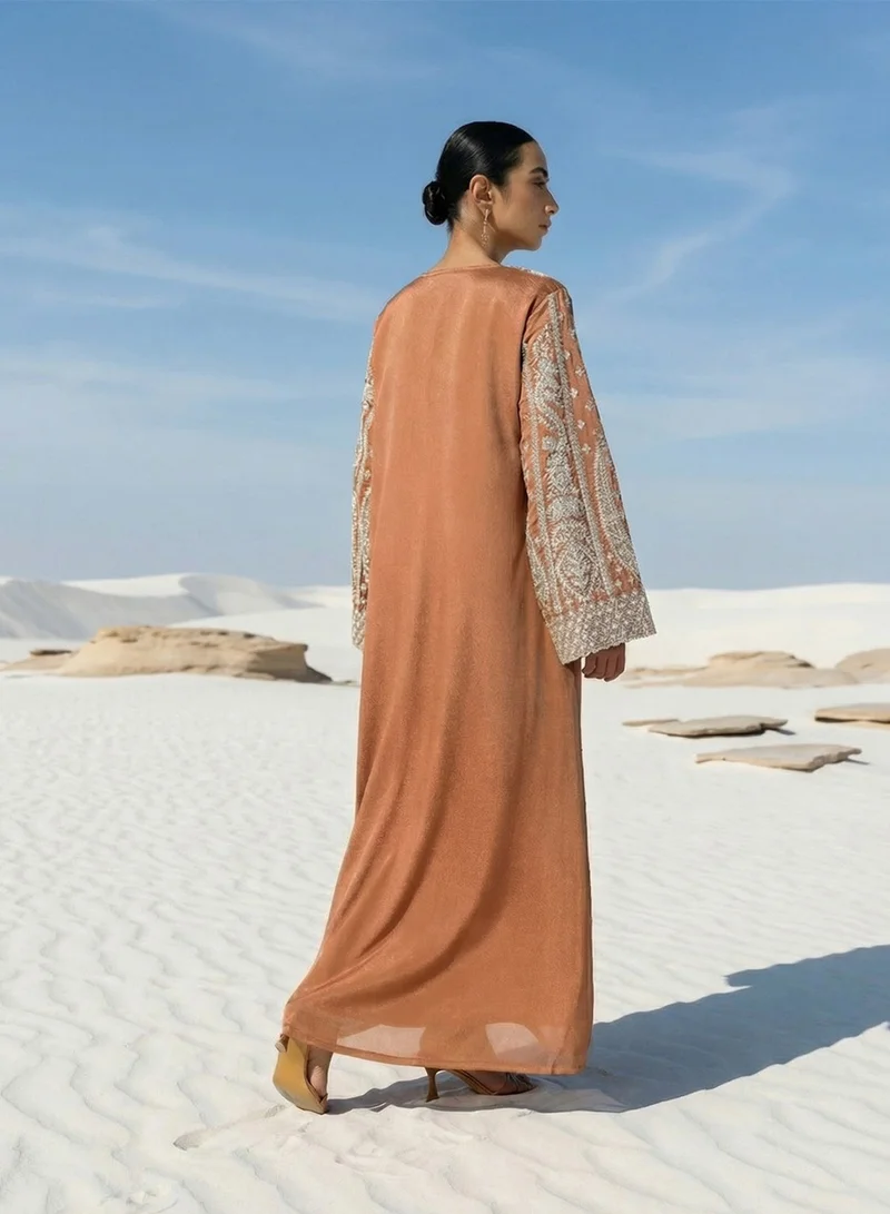ISHIN  Rich Rust Zari Embroidered Abaya for Women | Best Price UAE